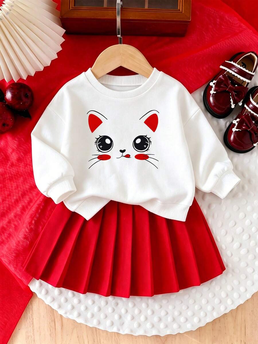 Baby Girl Cartoon Decor Round Neck Long Sleeve Top And Skirt Set - White - View 1