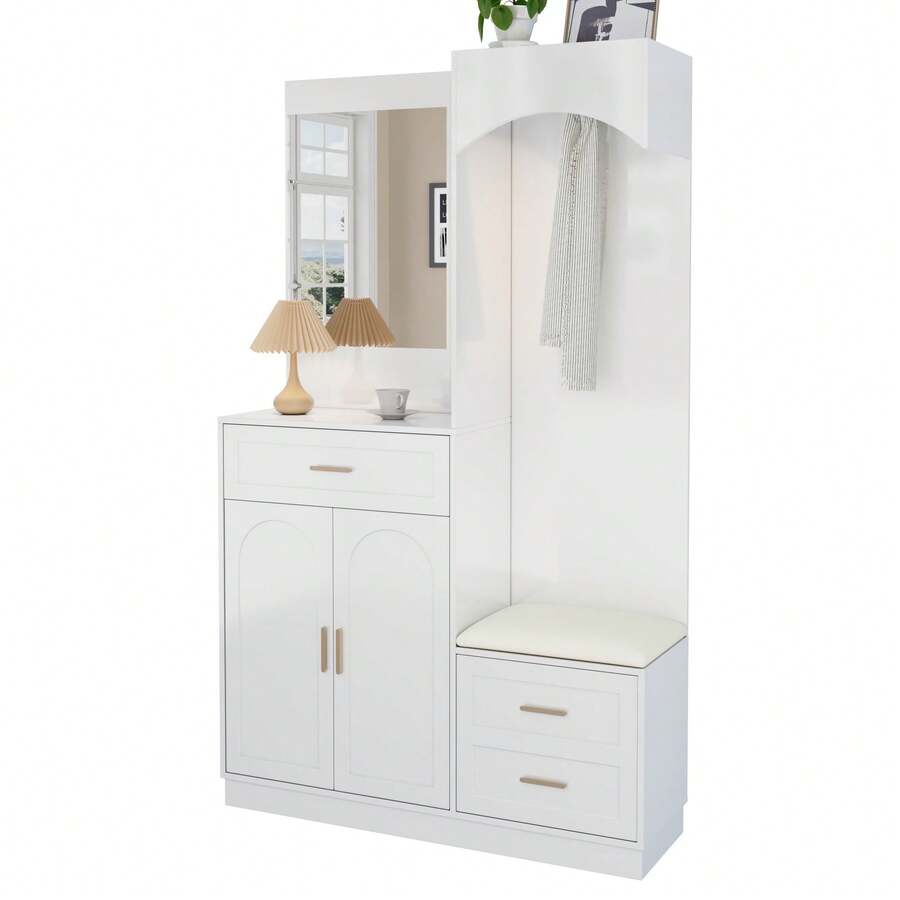 Modern Compact Wardrobe With Shoe Cabinet And Mirror, Black - 白色 - 查看 1