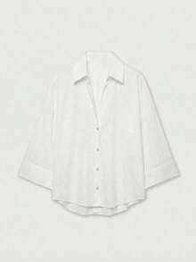 Plus Size Women's White Button Front Shirt, Minimalist Loose Long Sleeve Top For Elegant Business, Daily Commute, Spring Summer Fall - White - View 1