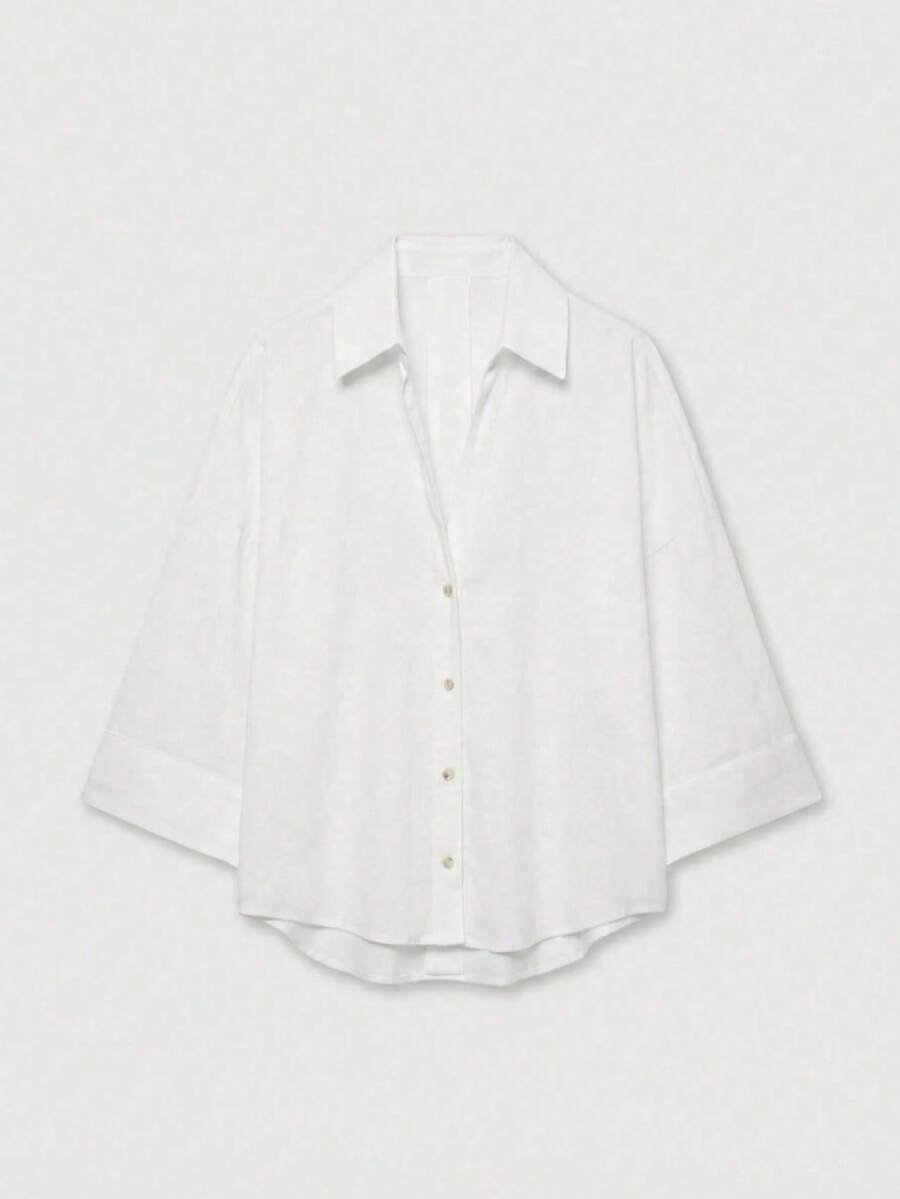 Plus Size Women's White Button Front Shirt, Minimalist Loose Long Sleeve Top For Elegant Business, Daily Commute, Spring Summer Fall - White - View 1