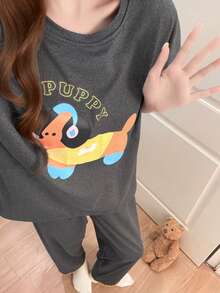 2pcs/Set Women's Pajamas Homewear Set, Cute Puppy Print Pullover Round Neck Fashion Short Sleeve Solid Color Long Pants, Easy Care Fabric - Grey - View 10