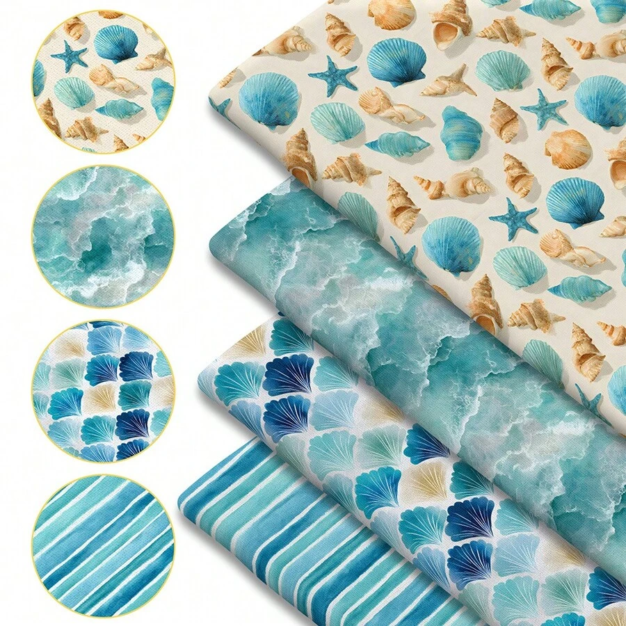 1件海岸海灘印花布料 - 59 X 19.68 英吋 (150 X 50 公分) 預裁切聚酯纖維布料,水彩貝殼與海浪圖案 - 適用於縫製、剪貼簿、桌布與手工藝 - 貝殼 - 查看 1