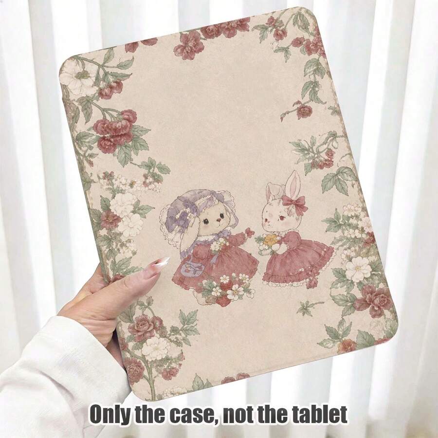2 Rabbits And Floral Pattern Painted Effect Tablet Protective Case, Built-In Pen Slot, With Stand, Suitable For Honor 8/9/10/X8/X8A/X9/X8Pro/X9Pro And Other Models/ MatePad Se 11 Inch/MatePad 11 Inch/11.5 Inch, MatePad Pro, Apple 10th/11th Gen 2025 (A16), Galaxy Tab A7/A9 And Other Popular Models - Style 20 - View 1
