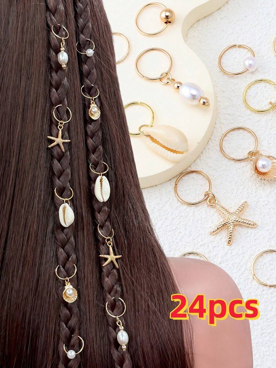 24件組波希米亞海灘風髮飾套組,海星貝殼珍珠髮圈,Y2K風格女款髮飾 - 彩色 - 查看 1