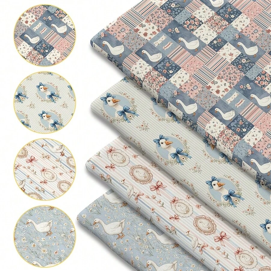 4件組復古鴨子蝴蝶結印花布料-18x22英吋 (55x45cm) 預裁聚酯纖維布料,淡彩農舍風鴨子圖案,適合DIY縫製、剪貼簿、桌巾與手工藝 - 鴨 - 查看 1