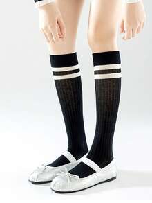 1 Pair Ladies Black Two Stripe Ribbed Calf Socks Classic Preppy Minimalist For School Work Casual Daily Wear - Black - View 4