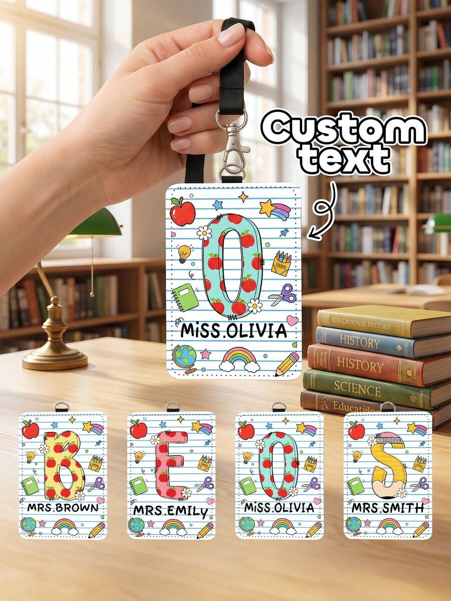 1pc Custom Teacher Name Letter ID Badge Holder,Personalized Lined Card Cover,Teacher Appreciation Gift,Back To School,Teacher Travel Backpack Suitcase - Multicolor - View 1