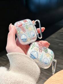 1pc Starfish Jellyfish Painted Transparent Wireless Bluetooth Earphone Case With Accessory Buckle, Compatible With AirPods 1/2/3/Pro/Pro 3/Pro 2/New 3/4, Soft Shell, Transparent Pro 3 2025 - Multicolor - View 3