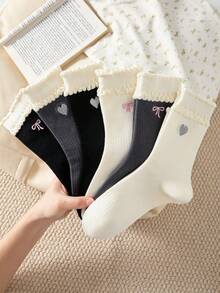 3 Pairs Women's Mid-Calf Socks With Bow And Heart Patterns, Vintage Style Ruffled Socks Suitable For All Seasons, Essential For Autumn, Winter - Multicolor - View 7