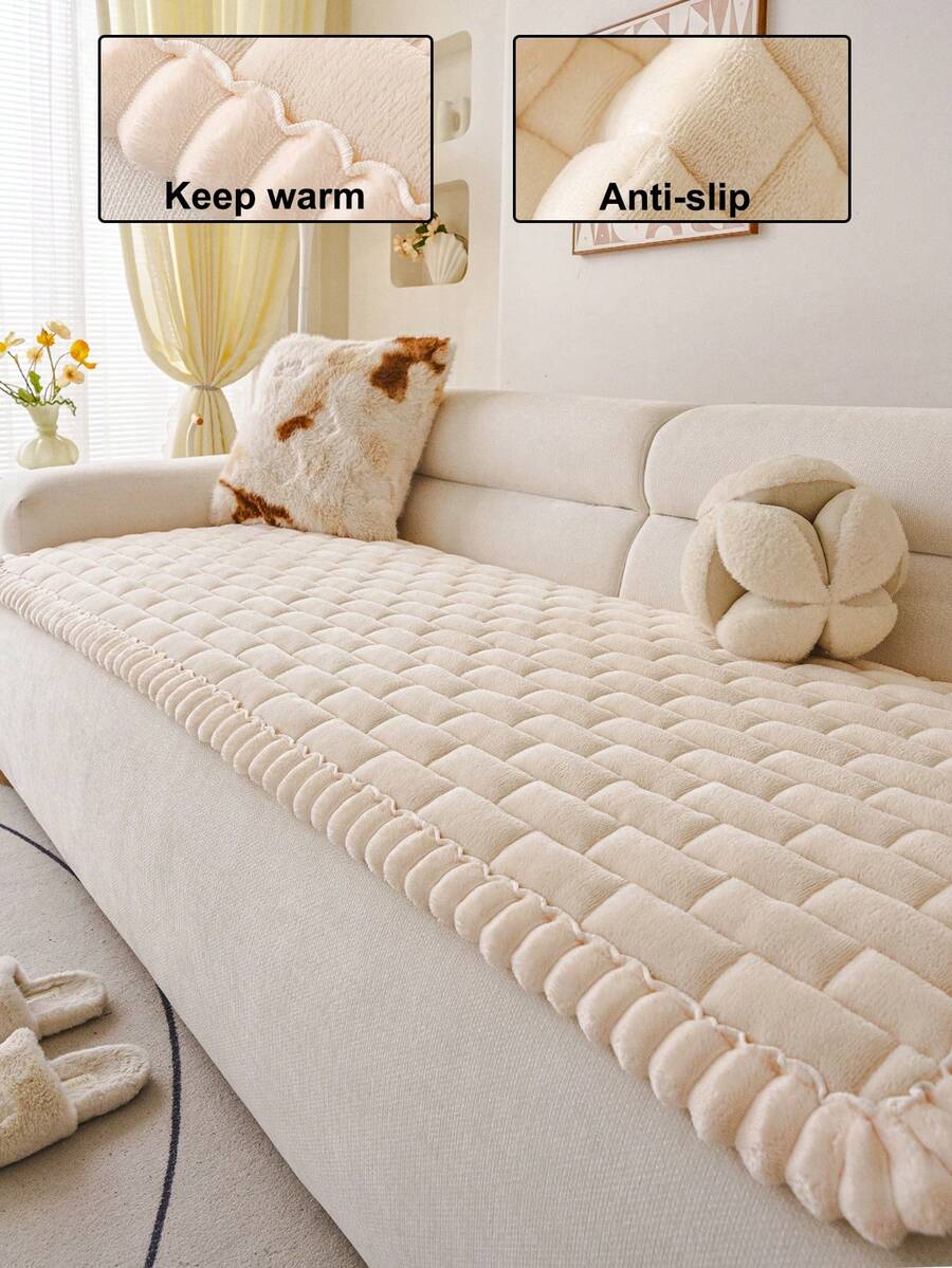 1 pieza Funda de sofá de franela gruesa, cálida y suave, con respaldo antideslizante, apta para mascotas, duradera, resistente a manchas, no se desvanece, anti-pilling, decoración festiva para protección del hogar, adecuada para sofá de apartamento pequeño, sofá en forma de L, sofá combinado, sofá de 1/2/3/4 plazas - Beis - Ver 1