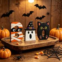 3pcs Halloween BOO Wooden Desktop Decor, Freestanding Thick Wood Decorations, Includes Mummy B, Witch Ghost And Black Cat, Cute Cartoon Layered Tray Decor, Suitable For Halloween Party, Window Display And Holiday Photo Props - Multicolor - View 2