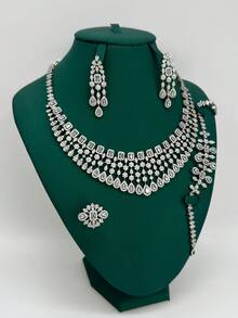 Middle East Dubai Luxury Pearlescent Heavy Work White Red Green Cubic Zirconia 4-Piece Set Pakistan Saudi Arabia Bridal Party Jewelry Set Wedding Accessories Gift - White - View 3