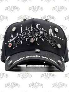 Gorra Negra Lavada con Visera Curva y Detalles Metálicos, Estilo Streetwear Americano Vintage Punk Hip Hop, Gorra de Béisbol Tipo Dad Hat Unisex Ajustable - negro - Ver 3