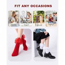 NEW-   Women's Big Ruffle Socks Double Lace With Bows (Size 5-11, 3 Pairs) - White/Black/Red 46151 - View 7