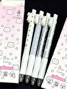 4pcs Cute Cat Clickable Gel Pens, Highly Attractive Creative Design, ST Tip, Quick-Drying 0.5mm Black Ink, Suitable For Students, First Day Of School - Multicolor - View 7