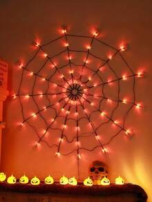 1pc Halloween Spider Web Light, Orange/Purple Realistic Spider Web Hanging Light, 70leds With Spider, Battery Operated, 8 Lighting Modes, Halloween Indoor Living Room Bedroom Wall Decoration Hanging Light, Yard And Porch Decoration, Create Halloween Party Spooky Atmosphere Decoration. - Multicolor - View 12