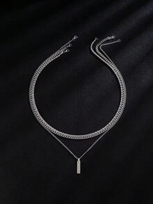 Men's 3 PiecesLayered Necklace Set: Stylish Hip-Hop Style Stainless Steel Twisted Rope Chain & Cuban Chain With Rectangular Pendant - Multicolor - View 5