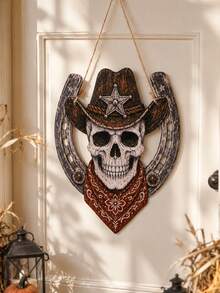 1pc Western Skull Horseshoe Front Door Hanging Decor, Halloween Decoration, Vintage Skull Star Pattern Headscarf Wall Plaque, Rustic Farmhouse Porch Decor, Autumn Indoor/Outdoor Entryway Holiday Wall Art, Spooky Season Party Home Decoration, Fall Decor - Multicolor - View 12