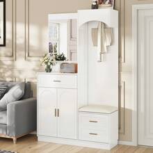Modern Compact Wardrobe With Shoe Cabinet And Mirror, Black - 白色 - 查看 9