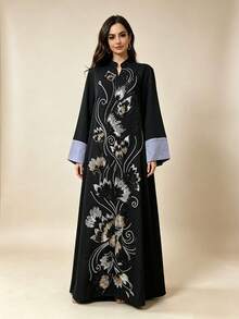 Gaun Wanita Fashion Elegan Kaftan Musim Gugur dengan Bordir Jala dan Leher V, Model Kaftan - NC190 - View 1