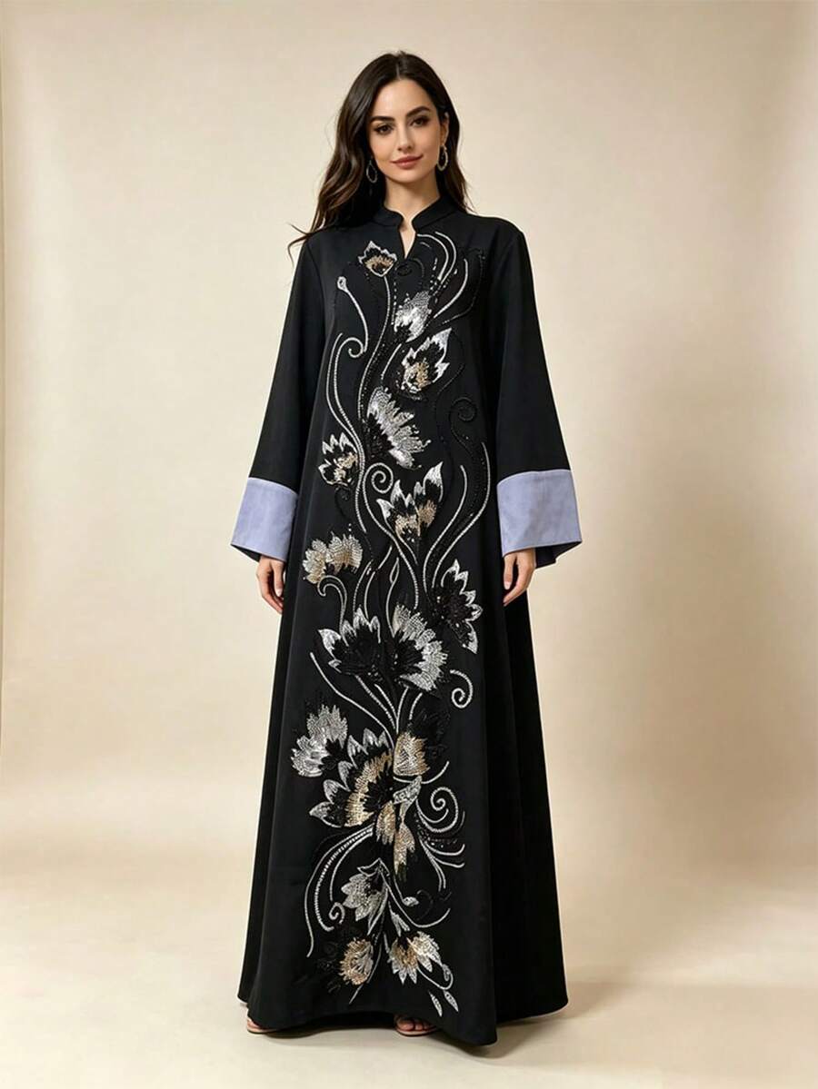 Gaun Wanita Fashion Elegan Kaftan Musim Gugur dengan Bordir Jala dan Leher V, Model Kaftan - NC190 - View 1
