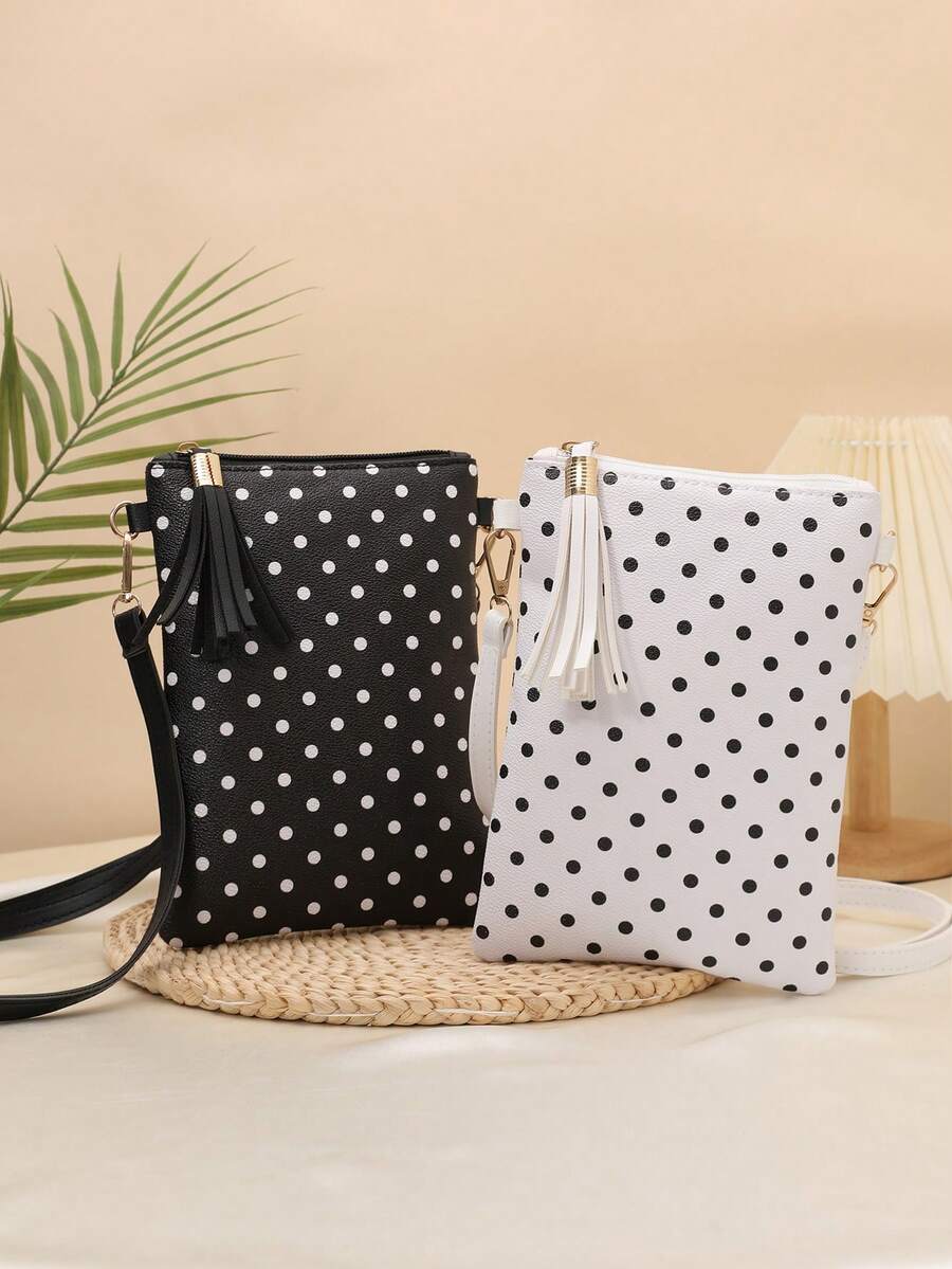 Polka Dot Tassel Zipper Crossbody Bag, Women Mini Vertical Shoulder Bag, Casual Daily Versatile Fashion Handbag Envelope Bag Phone Pouch - Multicolor - View 1