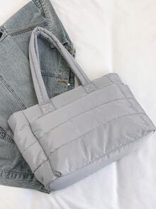 1pc Women's Solid Color Zipper Decor Shoulder Bag Large Capacity Zipper Opening With Compartment Tote Bag - Grey - View 3