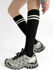 1 Pair Ladies Black Two Stripe Ribbed Calf Socks Classic Preppy Minimalist For School Work Casual Daily Wear - Black - View 3