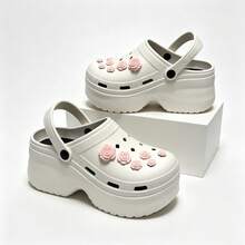 Women's High Heel Height-Increasing Rose Decor Clog Sandals, Thick Sole Breathable Slip-On Wedge Beach Slides, Anti-Slip Outdoor Wear - White - View 5