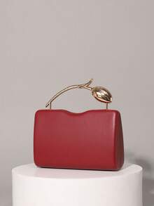Women's Evening Clutch, Rectangular Hard Shell Handbag, 3D Gold Tulip Top Handle, Minimalist Romantic Bridal Style, Suitable For Weddings, Anniversaries, Dinner Parties - Burgundy - View 5