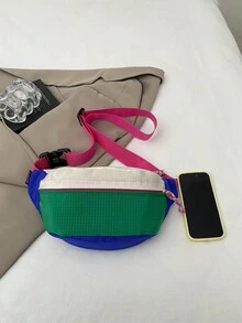 馬卡龍配色拼色帆布女款腰包，大容量休閒斜挎胸包，拼接運動手機腰包 - 彩色 - 查看 6