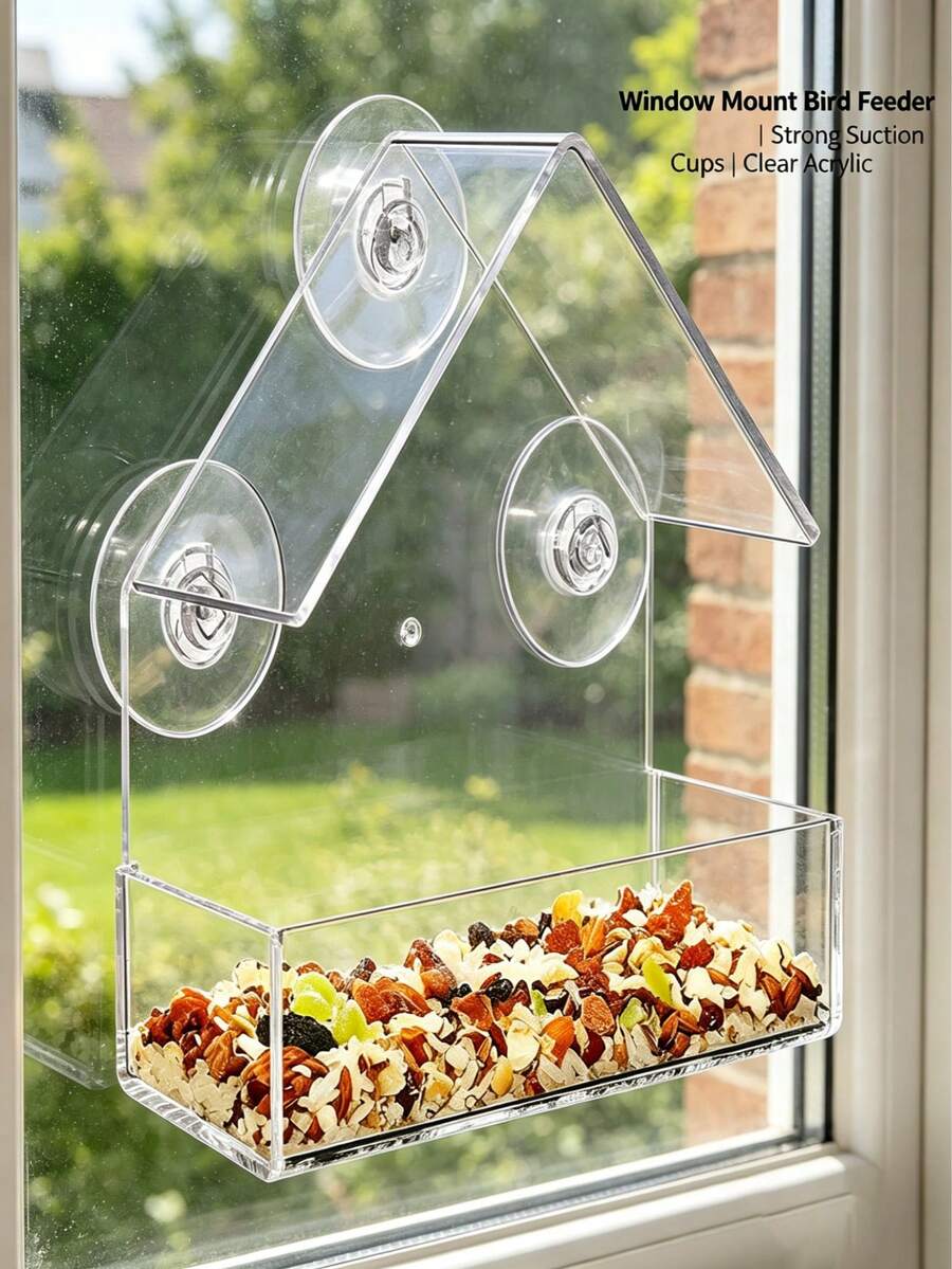 House Shaped Clear Acrylic Window Bird Feeder With Suction Cups, Weatherproof Spill Resistant Wild Bird Feeding Tray, Easy Clean Transparent View Design For Outdoor Patio Garden, Ideal For Bluebirds Canaries Sparrows Watching