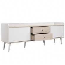 TV Stand With Two Drawers, TV Table, Low TV Board With Two Sliding Doors. Black And Natural Wood - 白色 - 查看 10