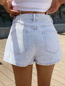 Teen Girl's Washed Denim Shorts, Simple Versatile Style With Built-In Elastic Waistband, Flattering For All Body Types, Suitable For Daily Wear Or School - Baby Blue - View 4