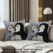 2pcs/Set Hugging Penguin Couple Pillowcase, Healing Hand-Drawn Penguin Print Pattern Home Cushion Cover, Single-Sided 2D Flat Printing, Not 3D Real Embroidery, Soft And Comfortable Polyester Fabric, 45*45cm (18*18in), Zipper Closure, Machine Washable, Suitable For Living Room Bedroom Home Decor (Pillowcase Only, Inner Core Not Included) - Multicolor - View 1