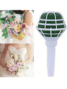 6pcs Foam Floral Handle Bouquet Holder, Suitable For DIY Wedding Bouquets, With Fixable Diamond Bouquet Pins And Green Tape, Wedding Supplies - Green - View 5