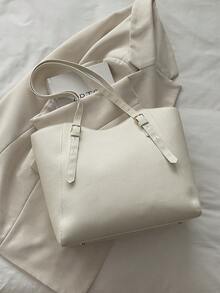 Fashionable New Solid Color Large Capacity Letter Label Design Shoulder Bag, Minimalist Practical Commuter Style Women's Bag - White - View 5