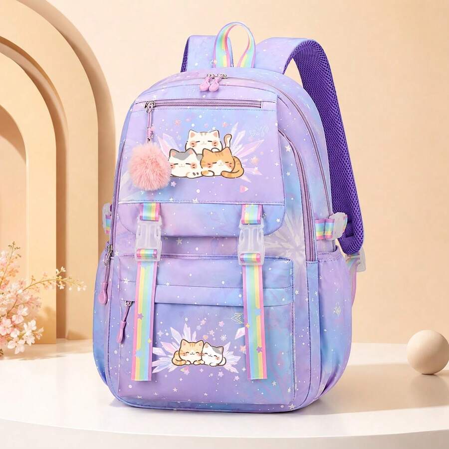 Lightweight And Spacious Rainbow Backpack Featuring Plush Charm,Perfect For Travel, Designed With Cat Motif | Made Of Nylon,Back To School Supplies - Multicolor - View 1