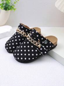1 Pair Kids Polka Dot Canvas Buckle Half-Slingback Sandals, Adjustable Gold Rhinestone Chain Snap Strap, Anti-Slip Cork Sole, Versatile Casual Shoes For Home And Outdoor, Fashionable Dual-Use, Can Be Worn As Sandals Or Slippers - White - View 7