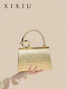 1pc White Palm Print PU Material Clutch Bag With Delicate Metal Beads, Suitable For Wedding/Party/Prom/Formal Occasions, - Gold - View 1