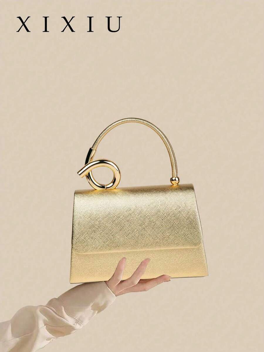 1pc White Palm Print PU Material Clutch Bag With Delicate Metal Beads, Suitable For Wedding/Party/Prom/Formal Occasions, - Gold - View 1