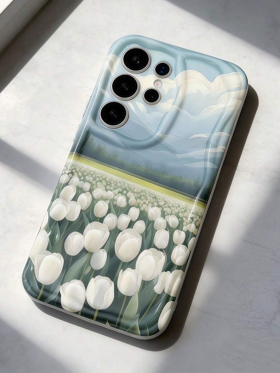 Cream Dopamine Wavy Ruffle Soft TPU Texture Creative Personalized Tulip Pattern Phone Case Compatible With Galaxy S21 S22 S23 S24 S25 S26/Honor/ And Other Models - White - View 1