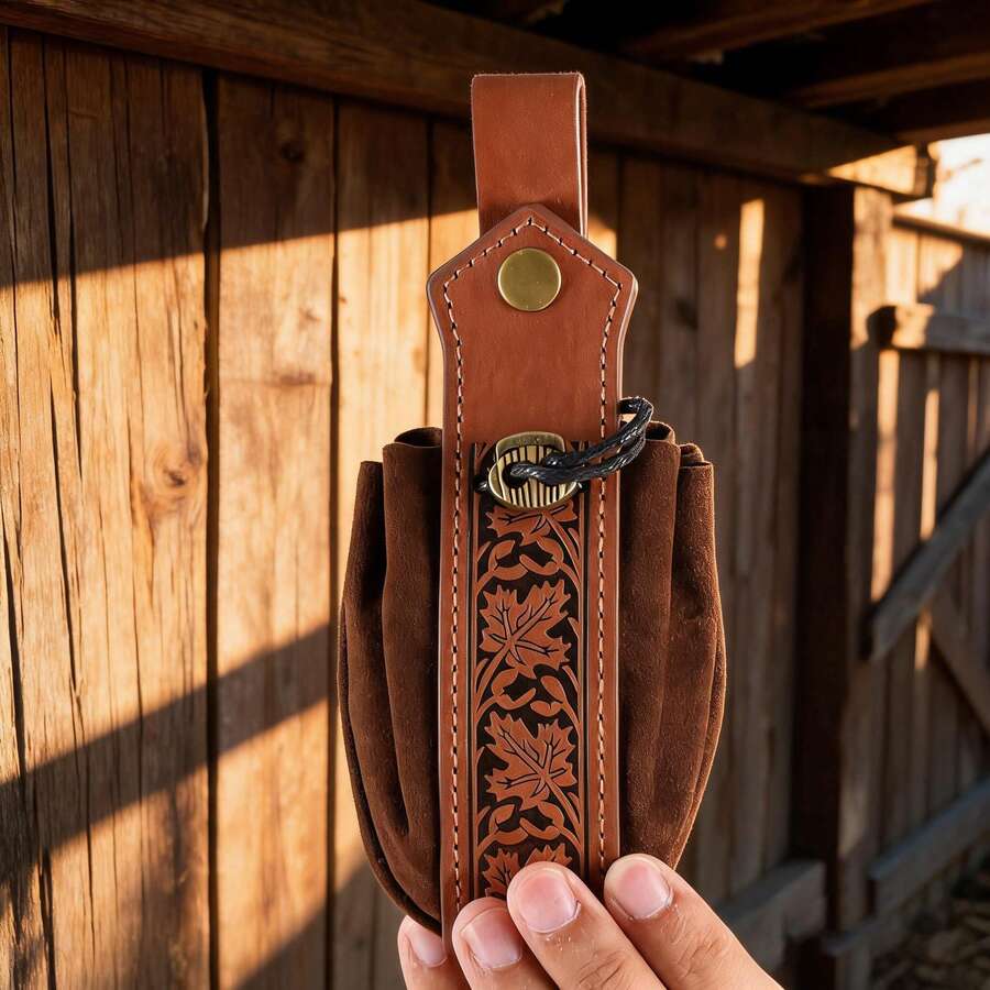 Vintage Ahornblatt geprägte Taillen-Ziehbeutel, mittelalterliche Cosplay Requisite Leder Tasche, Wikinger Piraten Outfit Münzaufbewahrung Hängetasche - A - Übersicht 1