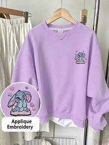 Sweet Korean Style Women's Round Neck Sweatshirt, Blue Rabbit & Heart Patch Embroidery, Soft Autumn/Winter Campus Top - Mauve Purple - View 1