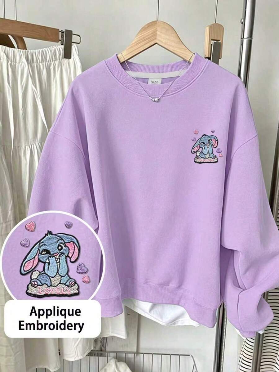 Sweet Korean Style Women's Round Neck Sweatshirt, Blue Rabbit & Heart Patch Embroidery, Soft Autumn/Winter Campus Top - Mauve Purple - View 1