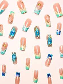 Change Your Nails With It 24片/組 Y2K甜酷風夏季清爽藍綠海洋漸層波浪法式3D花朵海星貝殼裝飾中長款穿戴甲，適合女孩與女性日常佩戴、夏季海灘、開學必備假指甲 - 彩色 - 查看 2