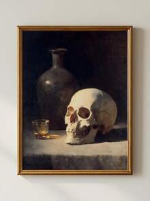 1pc Canvas Wall Art, Framed Wall Decor, Dark Academia Vintage Skull & Whiskey Bottle Still Life Oil Painting Canvas Wall Art, Gothic Gloomy Death Symbol Decor Painting, Suitable For Living Room, Bar, Study, Country Cottage Home Decor, Gift Option, Room Decor, Halloween Bedroom Decor, Home Decor, Horror Gothic Halloween Poster, Halloween Gift - Vintage Skull - View 2