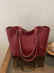 Fashionable New Solid Color Large Capacity Letter Tag Design Shoulder Bag, Minimalist Practical Commuter Style Women's Bag - Red - View 8