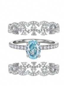 1 Set Cincin Lamaran Romantis Warna Biru Tua Oval 3 Buah, Cincin Tumpuk Berenda Vintage, Set Hadiah Perhiasan Ulang Tahun Pernikahan untuk Pacar - set cincin - View 8
