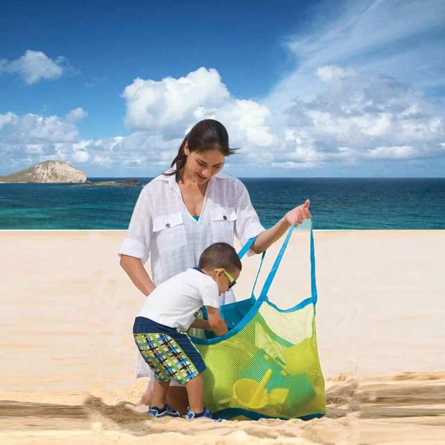 Children's Beach Toy Storage Mesh Bag, Sand-Proof Tote Bag, Suitable For Shell Collecting And Tide Pool Exploration, Family Beach Trip Essential - Blue-edged Pink Mesh - View 1